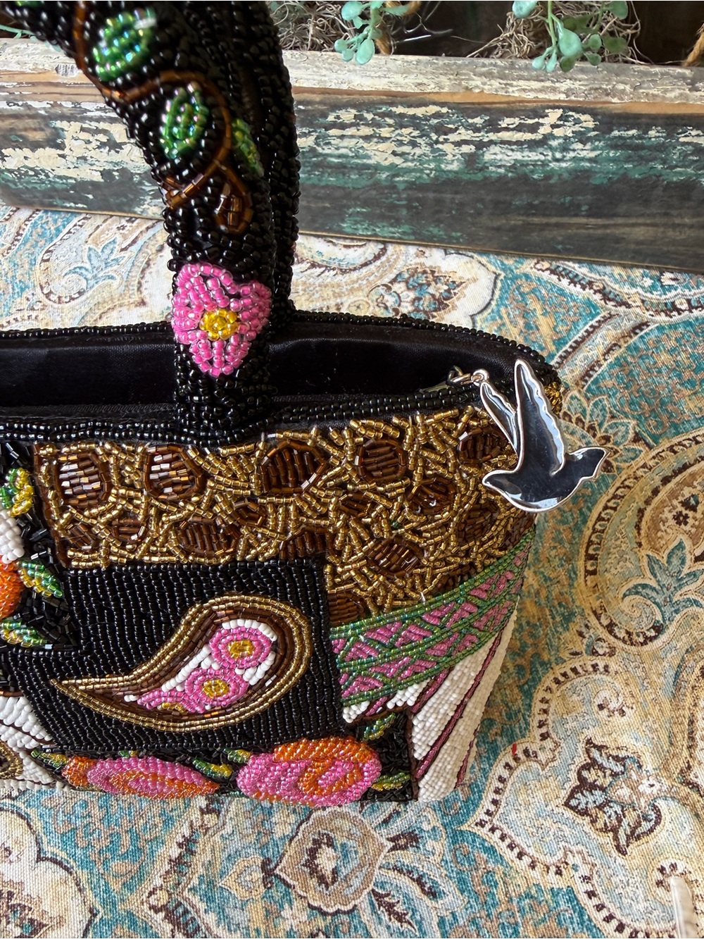Glass Beaded Top Handle Handbag Floral Paisley Purse Vintage 1980s - Picture 2 of 11